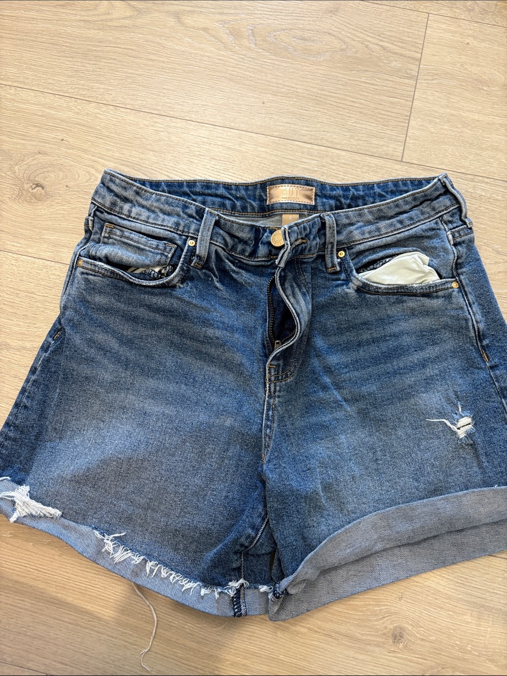 Kut from the Kloth Medium Blue Distressed Rolled Cuff Denim Shorts